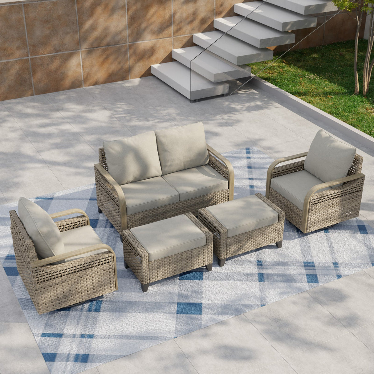 EAGLE PEAK 5 Piece Wicker Outdoor Patio Furniture Set, Patio Set with 2 Swivel Rocking Chairs, 2 Seat Loveseat Sofa, and 2 Ottomans, Brown/Gray - Eagle Peak Canopy and Outdoor Products