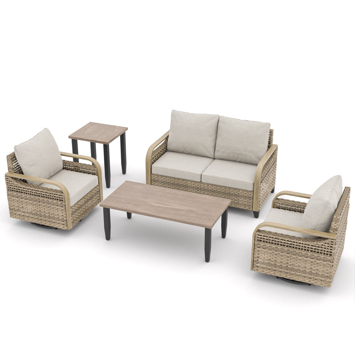 EAGLE PEAK 5 Piece Wicker Outdoor Patio Furniture Set, Patio Set with 2 Swivel Rocking Chairs, 2 Seat Loveseat Sofa, Coffee Table, and Side Table, Brown/Gray - Eagle Peak Canopy and Outdoor Products