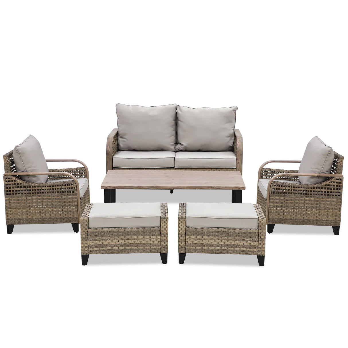 EAGLE PEAK 6 Piece Wicker Outdoor Patio Furniture Set, Patio Set with 2 Patio Chairs, 2 Seat Loveseat Sofa, 2 Ottomans, and Coffee Table, Brown/Gray - Eagle Peak Canopy and Outdoor Products