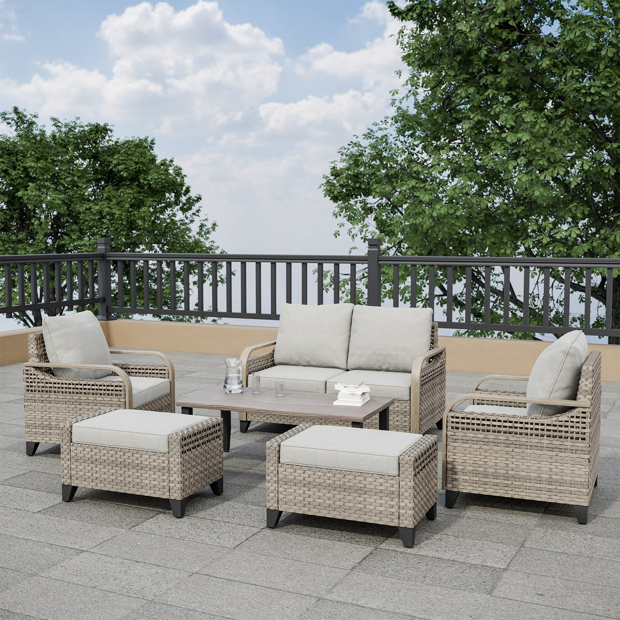 EAGLE PEAK 6 Piece Wicker Outdoor Patio Furniture Set, Patio Set with 2 Patio Chairs, 2 Seat Loveseat Sofa, 2 Ottomans, and Coffee Table, Brown/Gray - Eagle Peak Canopy and Outdoor Products