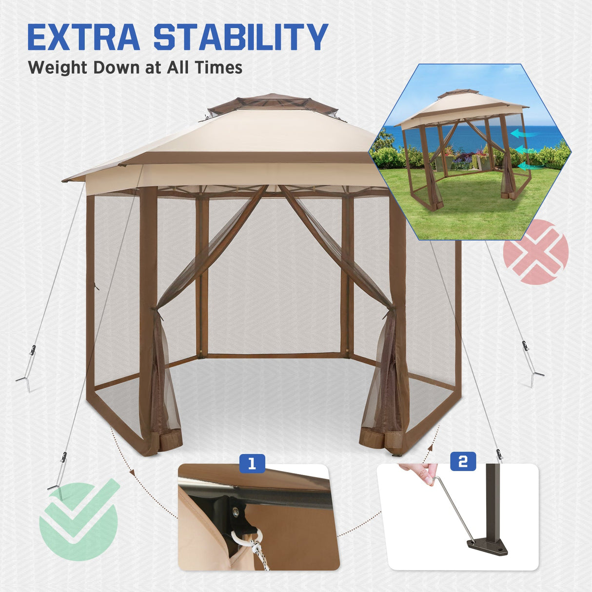 EAGLE PEAK 6 - Sided Pop Up Gazebo w/Mosquito Netting, 13x13 Double - Tier Hexagonal Outdoor Canopy Tent for Patio, Garden, Party, Backyard, Beige - Eagle Peak Canopy and Outdoor Products