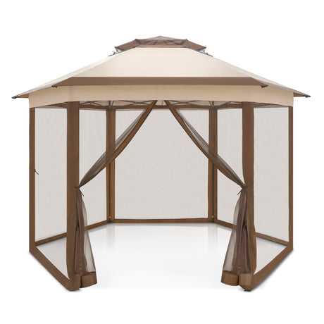 EAGLE PEAK 6 - Sided Pop Up Gazebo w/Mosquito Netting, 13x13 Double - Tier Hexagonal Outdoor Canopy Tent for Patio, Garden, Party, Backyard, Beige - Eagle Peak Canopy and Outdoor Products