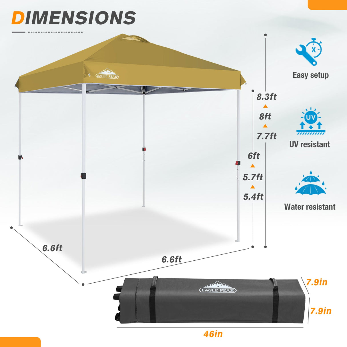 EAGLE PEAK 6.6x6.6 Pop Up Canopy Tent Instant Outdoor Canopy Easy Set - up Straight Leg Folding Shelter with Wheeled Bag, 8 Stakes and 4 Ropes, Blue/White - Eagle Peak Canopy and Outdoor Products