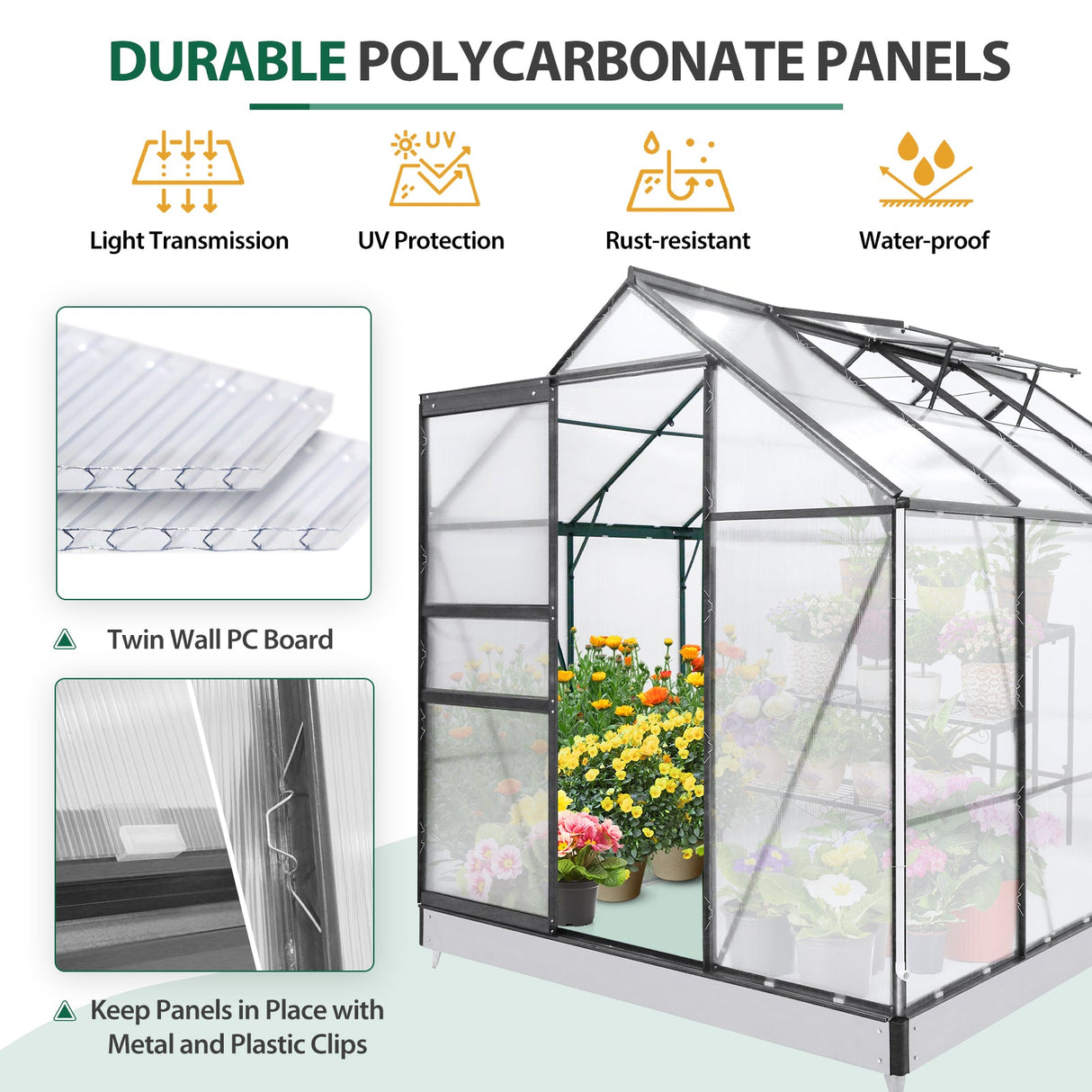 EAGLE PEAK 6x8x7 Polycarbonate and Aluminum Walk - in Hobby Greenhouse with Adjustable Roof Vent - Eagle Peak Canopy and Outdoor Products