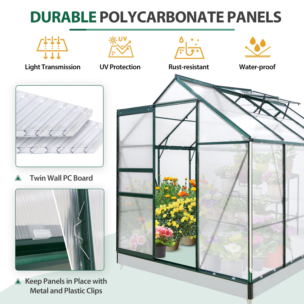 EAGLE PEAK 6x8x7 Polycarbonate and Aluminum Walk - in Hobby Greenhouse with Adjustable Roof Vent - Eagle Peak Canopy and Outdoor Products