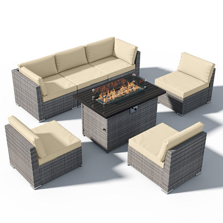 EAGLE PEAK 7 Piece Outdoor Wicker Patio Furniture Set with Fire Table, Outdoor PE Rattan Sectional Conversation Set with Seating for 6 People - Eagle Peak Canopy and Outdoor Products