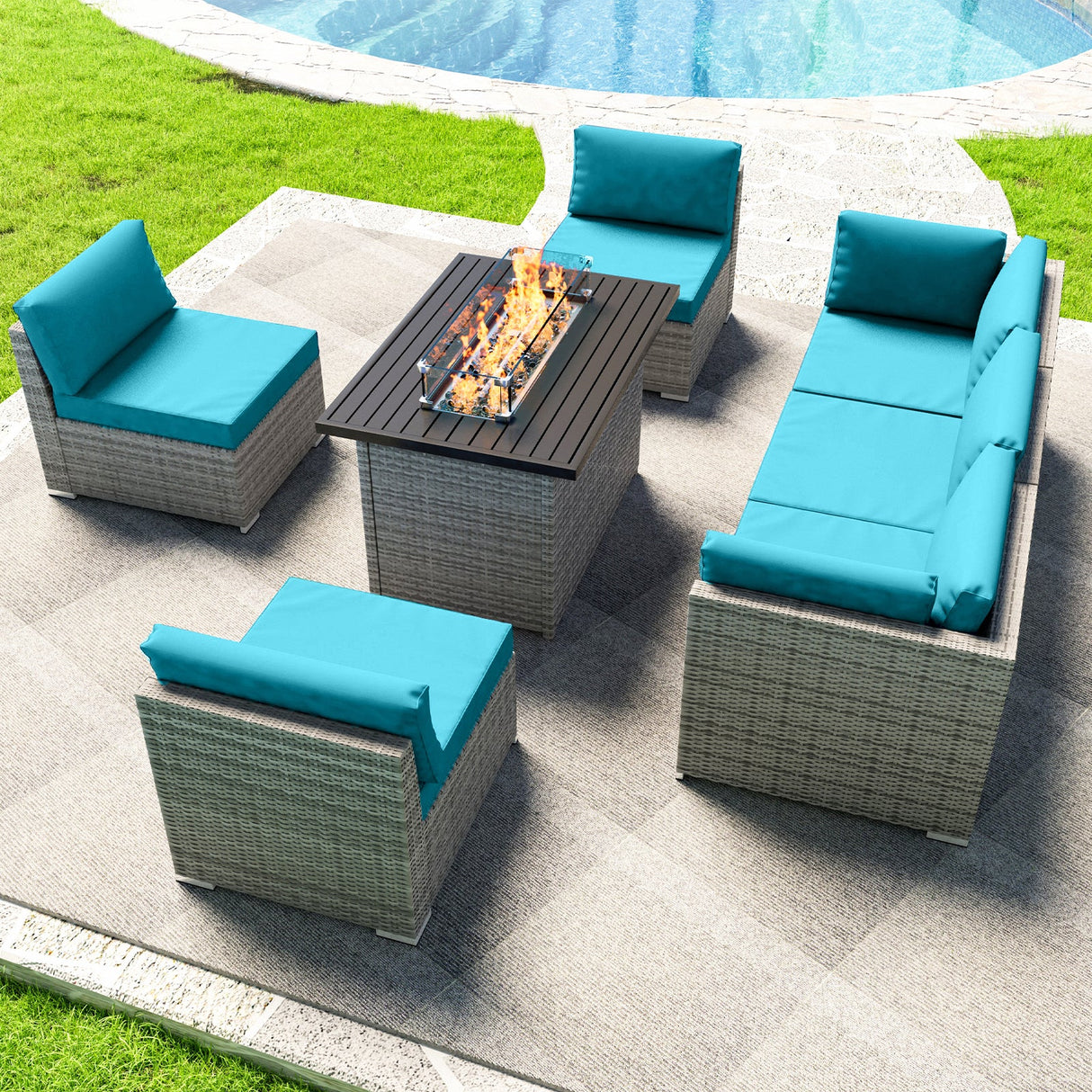 EAGLE PEAK 7 Piece Outdoor Wicker Patio Furniture Set with Fire Table, Outdoor PE Rattan Sectional Conversation Set with Seating for 6 People - Eagle Peak Canopy and Outdoor Products