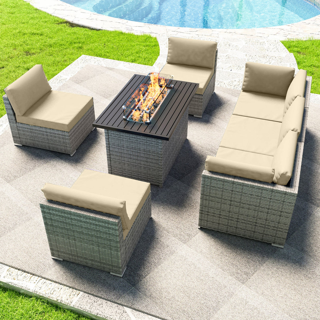 EAGLE PEAK 7 Piece Outdoor Wicker Patio Furniture Set with Fire Table, Outdoor PE Rattan Sectional Conversation Set with Seating for 6 People - Eagle Peak Canopy and Outdoor Products