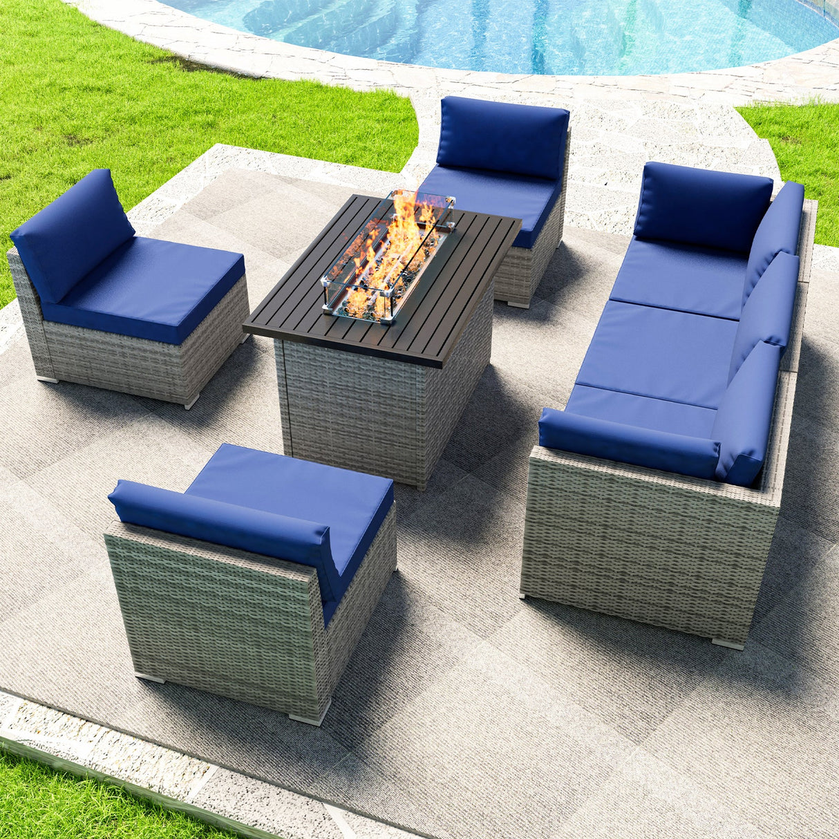 EAGLE PEAK 7 Piece Outdoor Wicker Patio Furniture Set with Fire Table, Outdoor PE Rattan Sectional Conversation Set with Seating for 6 People - Eagle Peak Canopy and Outdoor Products