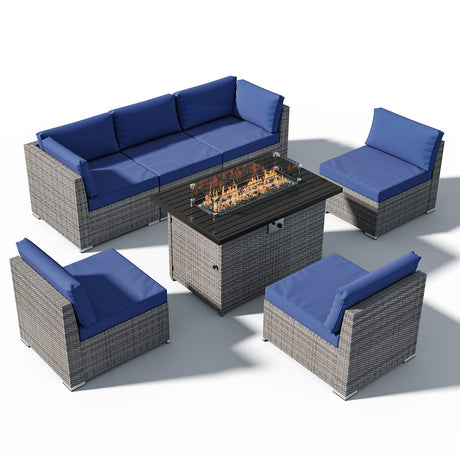 EAGLE PEAK 7 Piece Outdoor Wicker Patio Furniture Set with Fire Table, Outdoor PE Rattan Sectional Conversation Set with Seating for 6 People - Eagle Peak Canopy and Outdoor Products