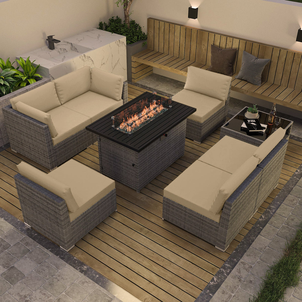 EAGLE PEAK 8 Piece Outdoor Wicker Patio Furniture Set with Fire Table and Coffee Table, PE Rattan Sectional Conversation Sofa Set with Seating for 6 People - Eagle Peak Canopy and Outdoor Products