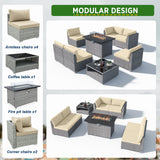 EAGLE PEAK 8 Piece Outdoor Wicker Patio Furniture Set with Fire Table and Coffee Table, PE Rattan Sectional Conversation Sofa Set with Seating for 6 People - Eagle Peak Canopy and Outdoor Products