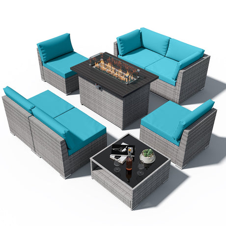 EAGLE PEAK 8 Piece Outdoor Wicker Patio Furniture Set with Fire Table and Coffee Table, PE Rattan Sectional Conversation Sofa Set with Seating for 6 People - Eagle Peak Canopy and Outdoor Products