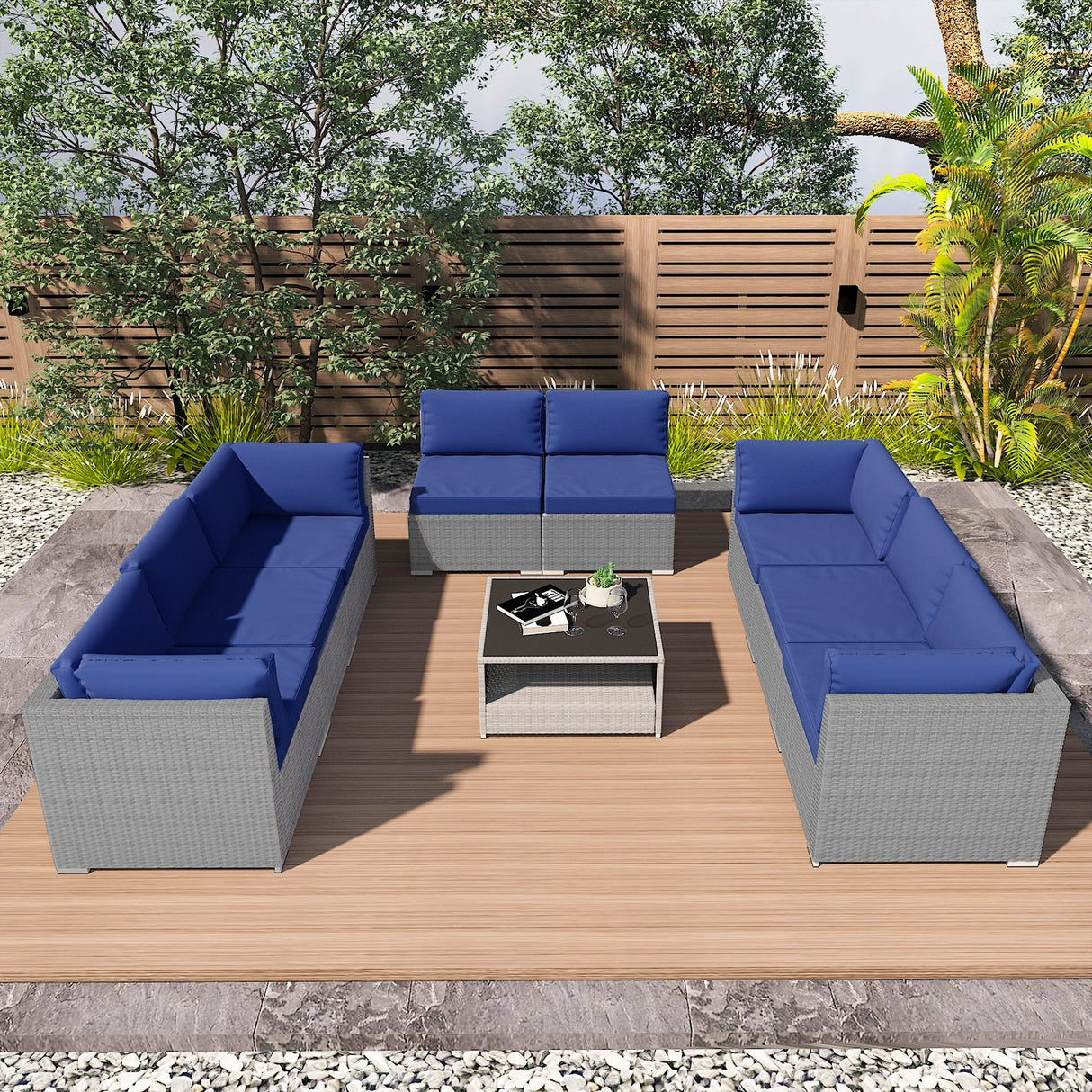 EAGLE PEAK 9 Piece Outdoor Wicker Patio Furniture Set with Coffee Table, PE Rattan Sectional Conversation Sofa Set with Seating for 8 People - Eagle Peak Canopy and Outdoor Products