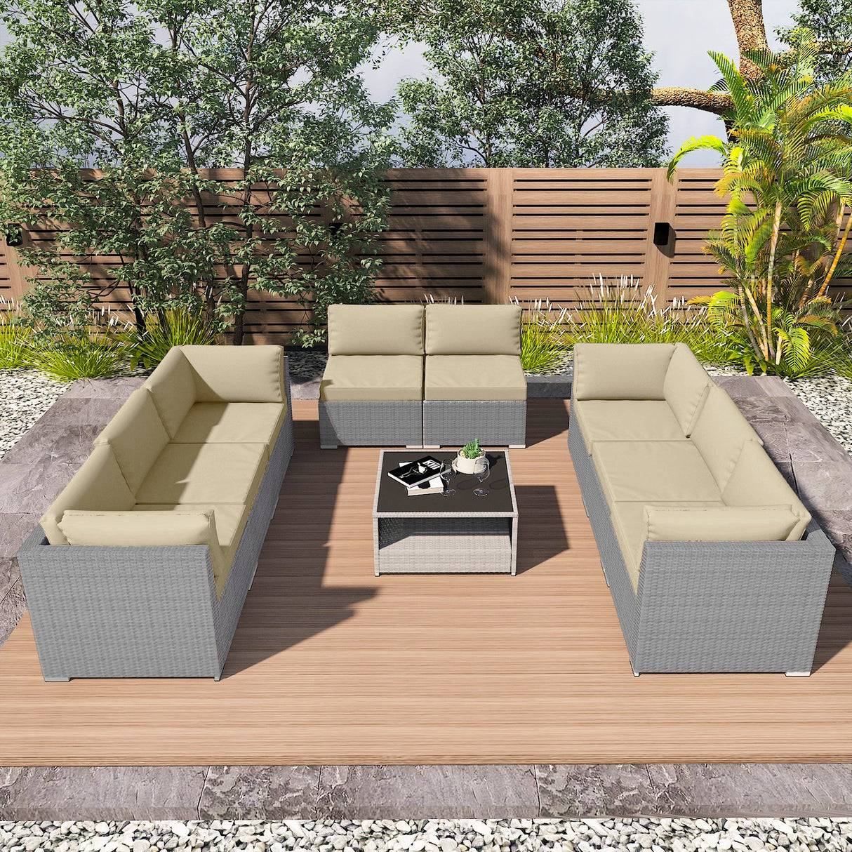 EAGLE PEAK 9 Piece Outdoor Wicker Patio Furniture Set with Coffee Table, PE Rattan Sectional Conversation Sofa Set with Seating for 8 People - Eagle Peak Canopy and Outdoor Products