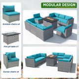 EAGLE PEAK 9 Piece Outdoor Wicker Patio Furniture Set with Fire Table, PE Rattan Sectional Conversation Sofa Set with Seating for 8 People - Eagle Peak Canopy and Outdoor Products