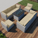 EAGLE PEAK 9 Piece Outdoor Wicker Patio Furniture Set with Fire Table, PE Rattan Sectional Conversation Sofa Set with Seating for 8 People - Eagle Peak Canopy and Outdoor Products