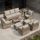 EAGLE PEAK 9 Piece Wicker Outdoor Patio Furniture Set, Patio Set with 4 Swivel Rocking Chairs, 3 Seat Loveseat Sofa, 2 Ottomans, Coffee Table and Side Table, Brown/Gray - Eagle Peak Canopy and Outdoor Products