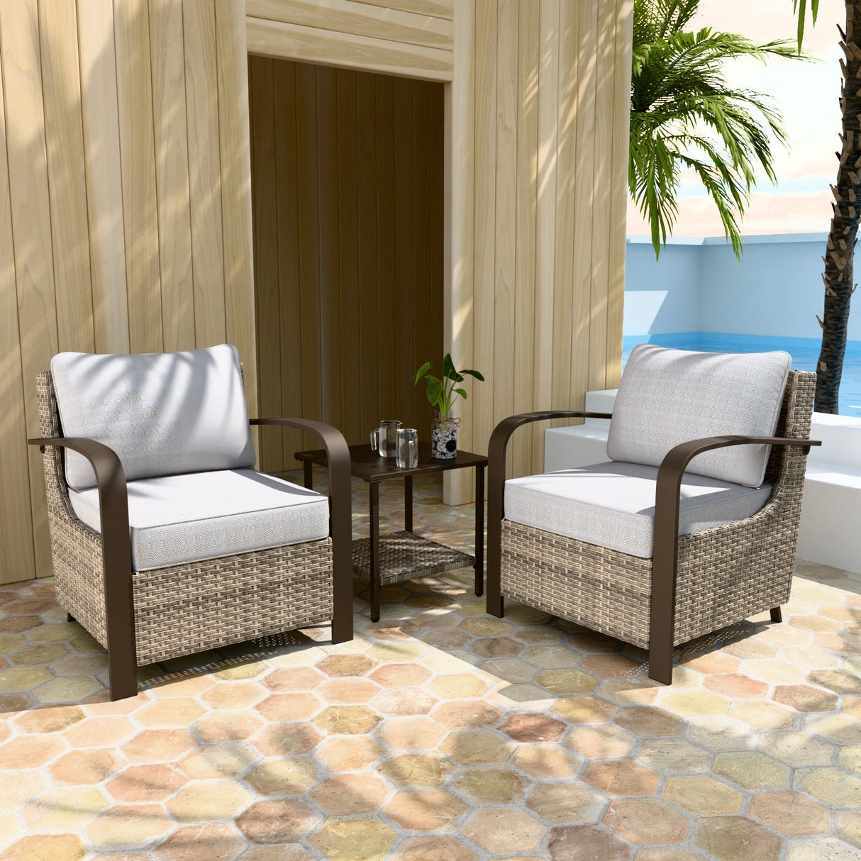 EAGLE PEAK Coastal Vista 3 Piece Patio Bistro Set, Includes 2 Patio Chairs, 1 Side Table,Beige/Blue - Eagle Peak Canopy and Outdoor Products