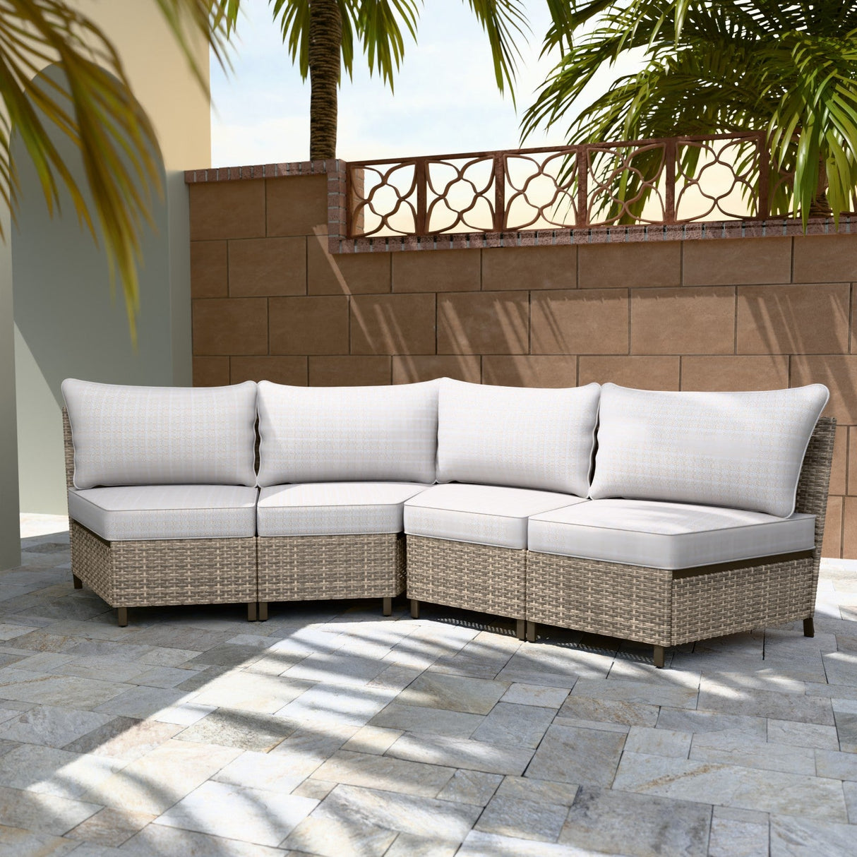 EAGLE PEAK Coastal Vista Curved Outdoor Wicker Sofa with Cushions, Seats 4, Beige - Eagle Peak Canopy and Outdoor Products