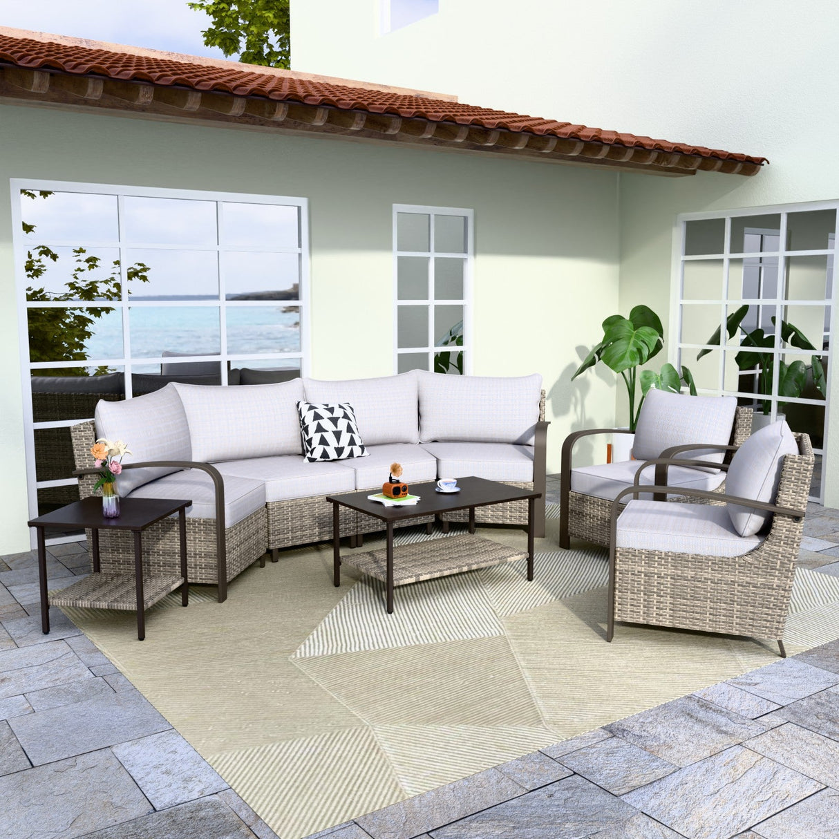 EAGLE PEAK Coastal Vista Outdoor Patio Furniture Set with Curved Sectional Sofas, Coffee and Side Tables, Patio Chairs, Seats 6, Beige - Eagle Peak Canopy and Outdoor Products