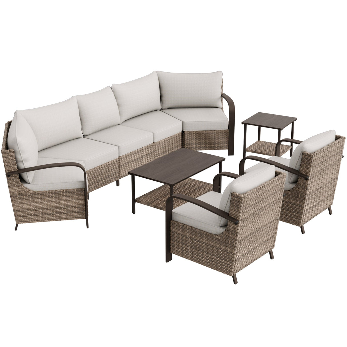 EAGLE PEAK Coastal Vista Outdoor Patio Furniture Set with Curved Sectional Sofas, Coffee and Side Tables, Patio Chairs, Seats 7, Beige - Eagle Peak Canopy and Outdoor Products