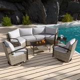 EAGLE PEAK Coastal Vista Outdoor Patio Furniture Set with Curved Sectional Sofas, Coffee and Side Tables, Swivel Rocker Chairs, Seats 6, Beige/Blue - Eagle Peak Canopy and Outdoor Products