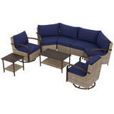 EAGLE PEAK Coastal Vista Outdoor Patio Furniture Set with Curved Sectional Sofas, Coffee and Side Tables, Swivel Rocker Chairs, Seats 6, Beige/Blue - Eagle Peak Canopy and Outdoor Products