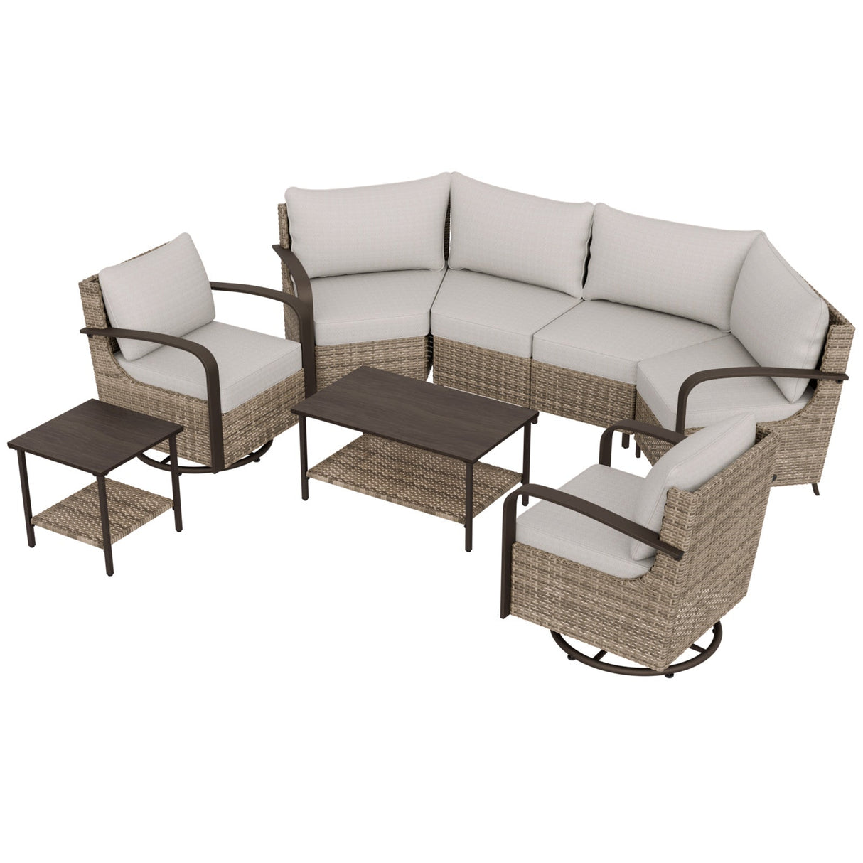 EAGLE PEAK Coastal Vista Outdoor Patio Furniture Set with Curved Sectional Sofas, Coffee and Side Tables, Swivel Rocker Chairs, Seats 6, Beige/Blue - Eagle Peak Canopy and Outdoor Products