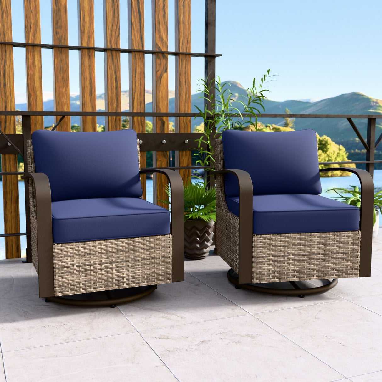 EAGLE PEAK Coastal Vista Outdoor Swivel Wicker Rocker Chair with Deep Seating,Contains 2 Chairs, Beige/Blue - Eagle Peak Canopy and Outdoor Products