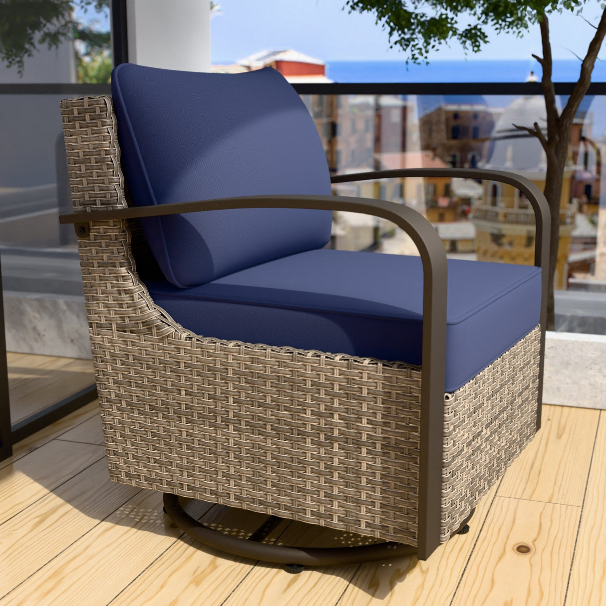 EAGLE PEAK Coastal Vista Outdoor Swivel Wicker Rocker Chair,Contains 1 Chair, Blue/Beige - Eagle Peak Canopy and Outdoor Products