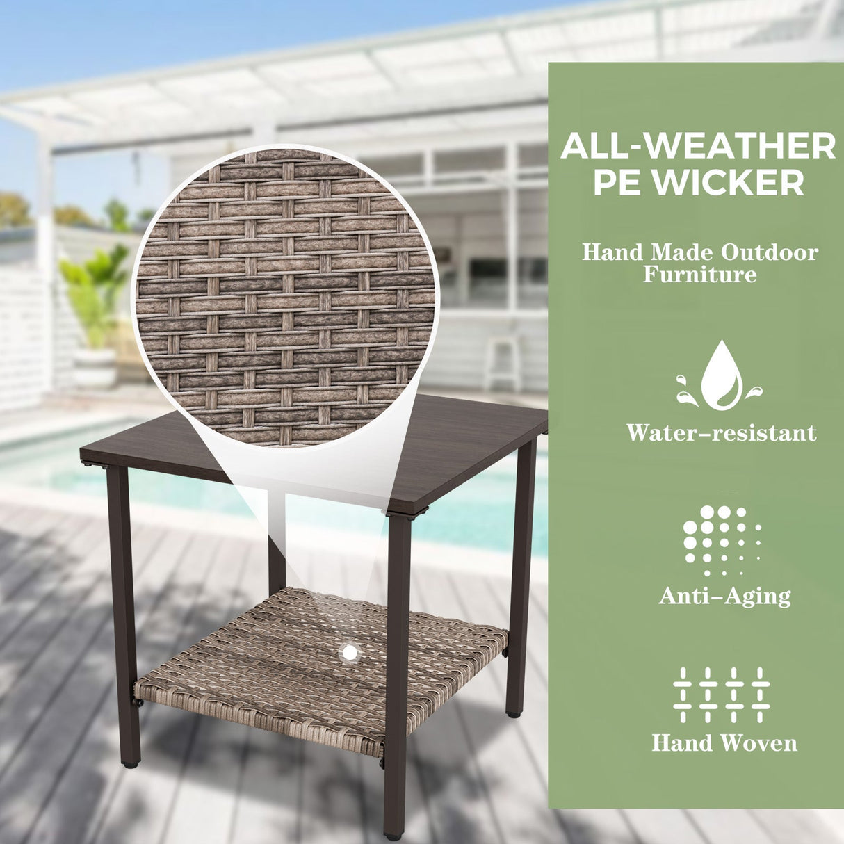 EAGLE PEAK Coastal Vista Outdoor Table with Wicker Shelf, Wood Grain Top - Eagle Peak Canopy and Outdoor Products