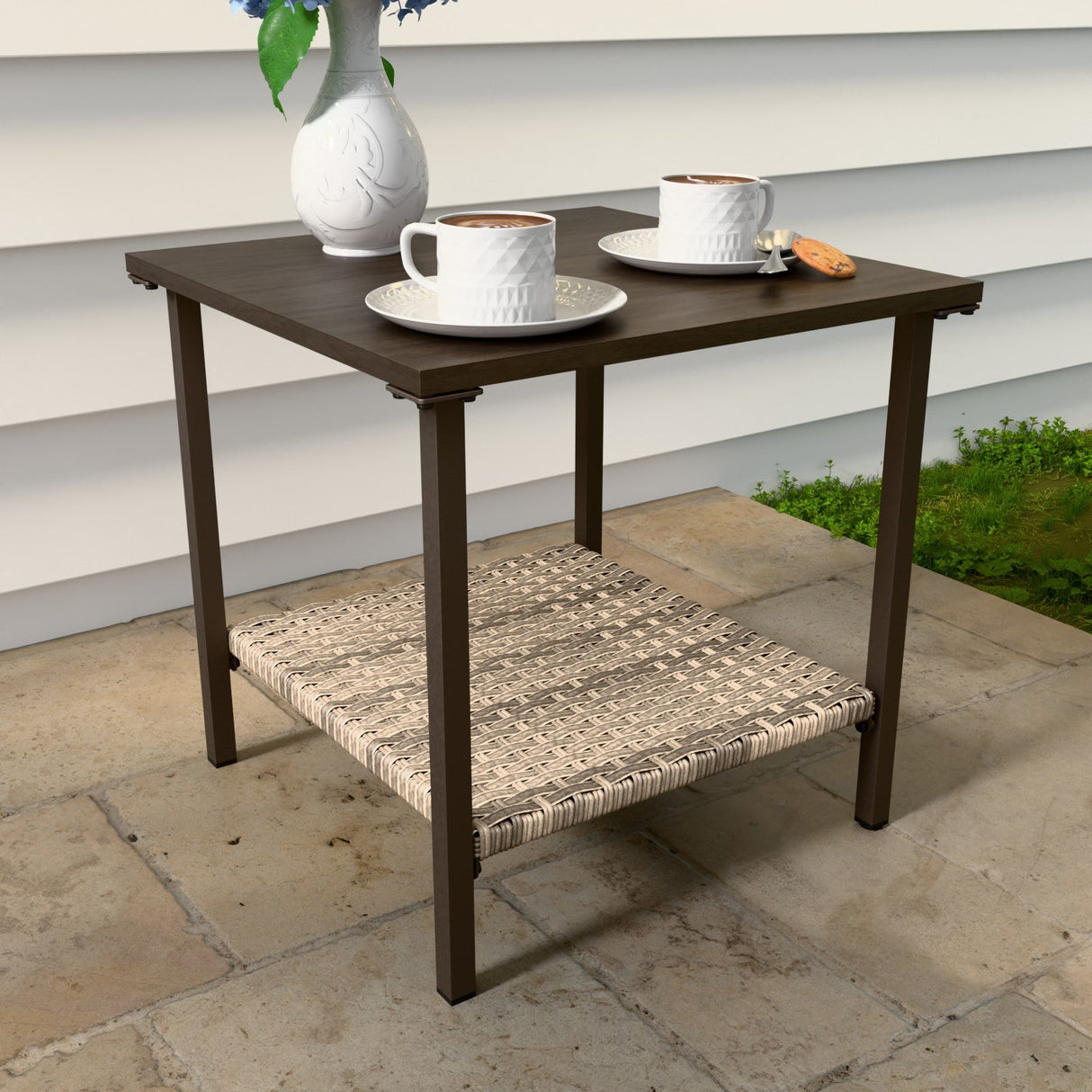 EAGLE PEAK Coastal Vista Outdoor Table with Wicker Shelf, Wood Grain Top - Eagle Peak Canopy and Outdoor Products