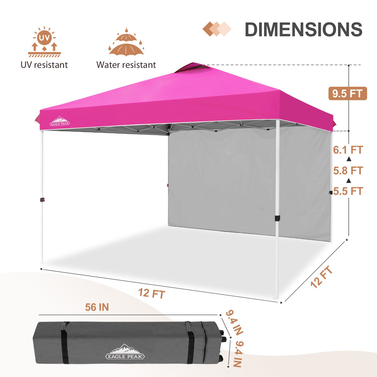 EAGLE PEAK Commercial Pop up Canopy with 1 Sidewall, Heavy Duty Canopy Tent 12x12, Roller Bag and 4 Weight Bags - Eagle Peak Canopy and Outdoor Products