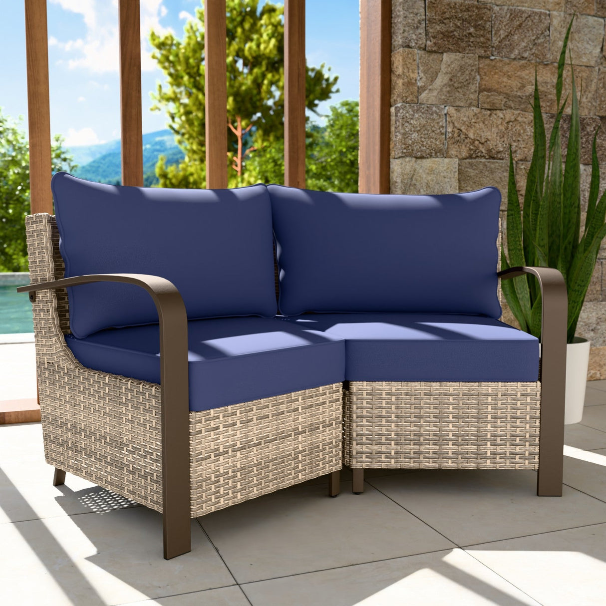 EAGLE PEAK Costal Vista Patio Outdoor Wicker Love Seat with Deep Seating, Comfortable 4 inch Cushion, Beige/Blue - Eagle Peak Canopy and Outdoor Products