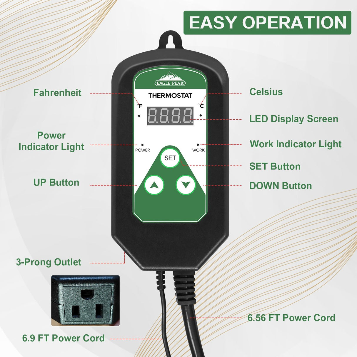 EAGLE PEAK Digital Heat Mat Thermostat Controller 42–108 ºF for Heat Mat, Greenhouse, Heater Fan, Seedling, Germination, Fermentation and Reptiles, 15A/1800W - Eagle Peak Canopy and Outdoor Products