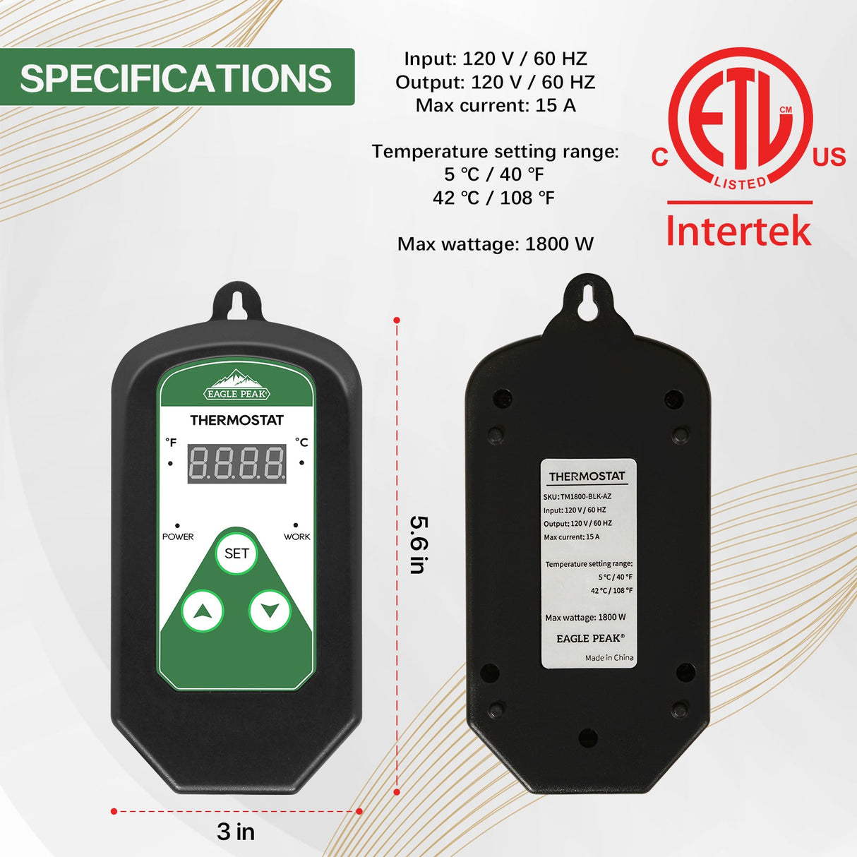 EAGLE PEAK Digital Heat Mat Thermostat Controller 42–108 ºF for Heat Mat, Greenhouse, Heater Fan, Seedling, Germination, Fermentation and Reptiles, 15A/1800W - Eagle Peak Canopy and Outdoor Products