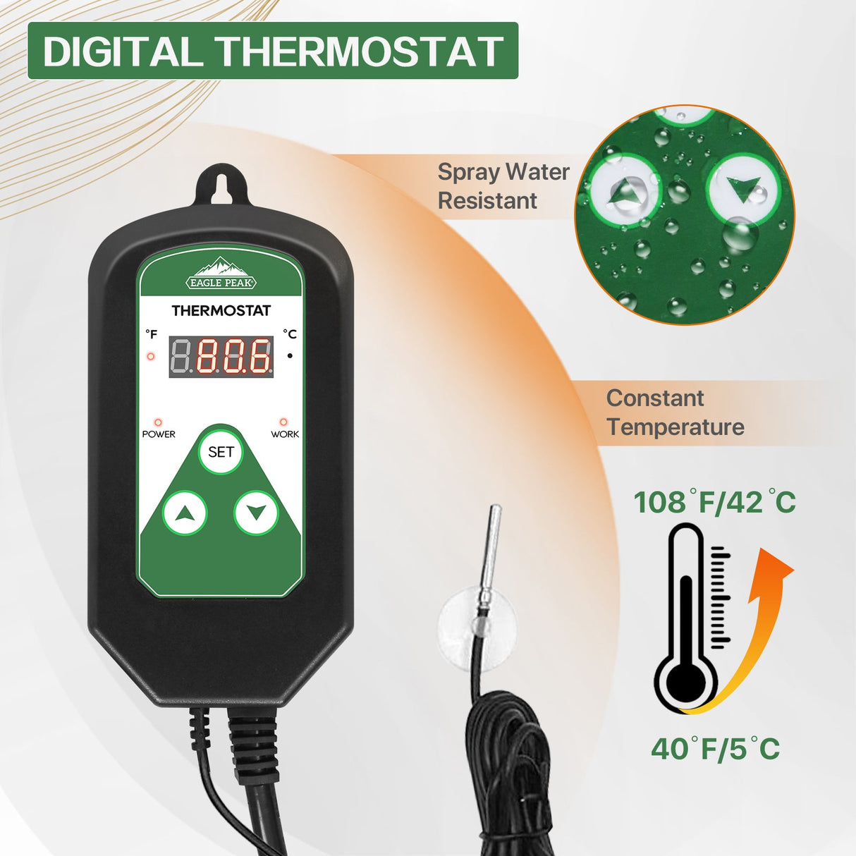 EAGLE PEAK Digital Heat Mat Thermostat Controller 42–108 ºF for Heat Mat, Greenhouse, Heater Fan, Seedling, Germination, Fermentation and Reptiles, 15A/1800W - Eagle Peak Canopy and Outdoor Products