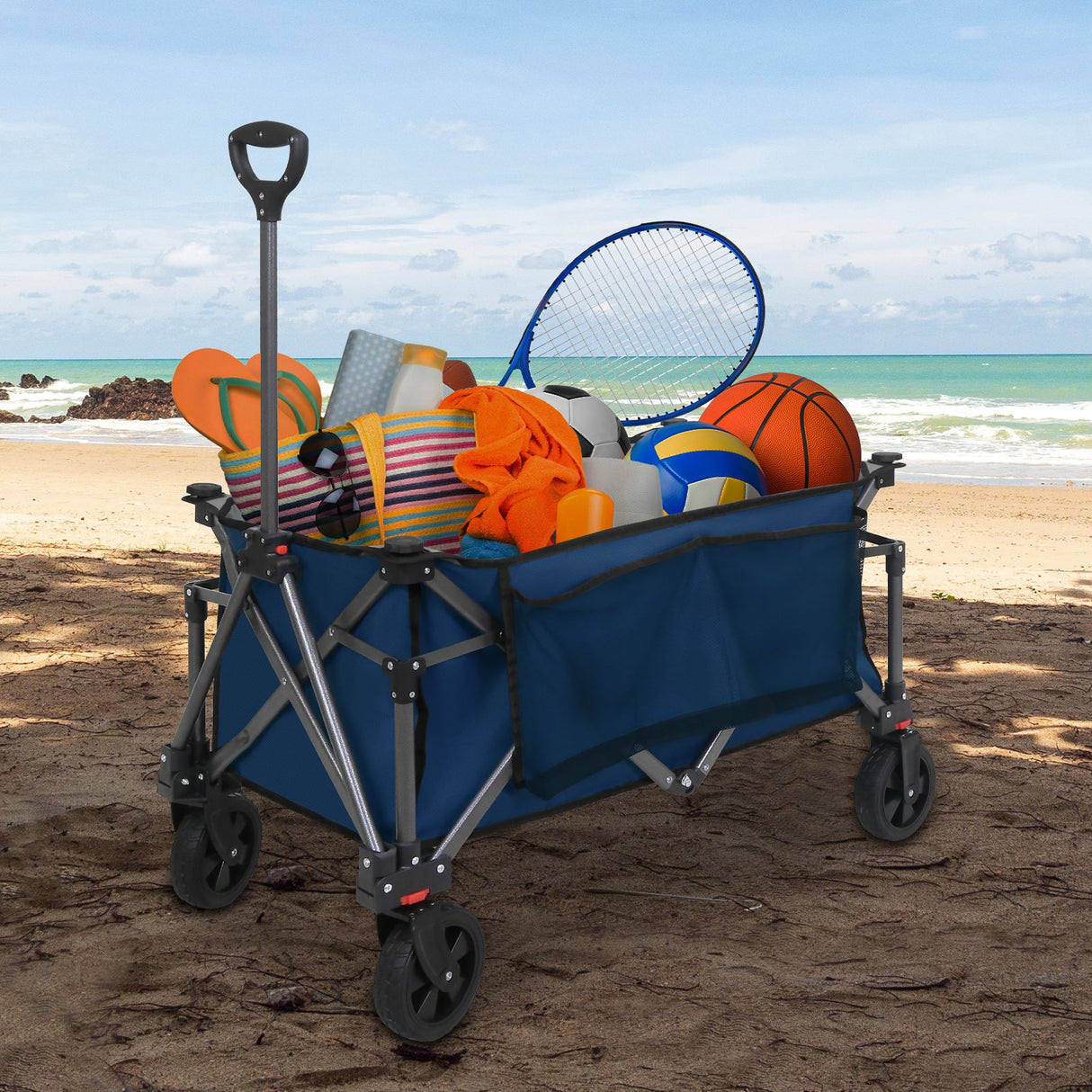 EAGLE PEAK Heavy - Duty Collapsible Folding Utility Wagon, All Terrain Garden Hand Cart with Large Size Pocket and Cup Holders for Sports, Beach, Camping, Garden, and Grocery, Black / Dark Blue - Eagle Peak Canopy and Outdoor Products