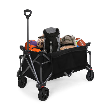 EAGLE PEAK Heavy - Duty Collapsible Folding Utility Wagon, All Terrain Garden Hand Cart with Large Size Pocket and Cup Holders for Sports, Beach, Camping, Garden, and Grocery, Black / Dark Blue - Eagle Peak Canopy and Outdoor Products