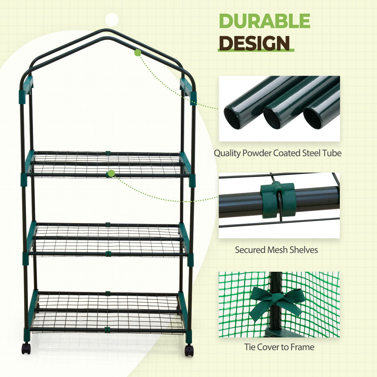 EAGLE PEAK Mini Greenhouse with Wire Shelves,3 Tier, with Wheels, 27"x19"x51" - Eagle Peak Canopy and Outdoor Products