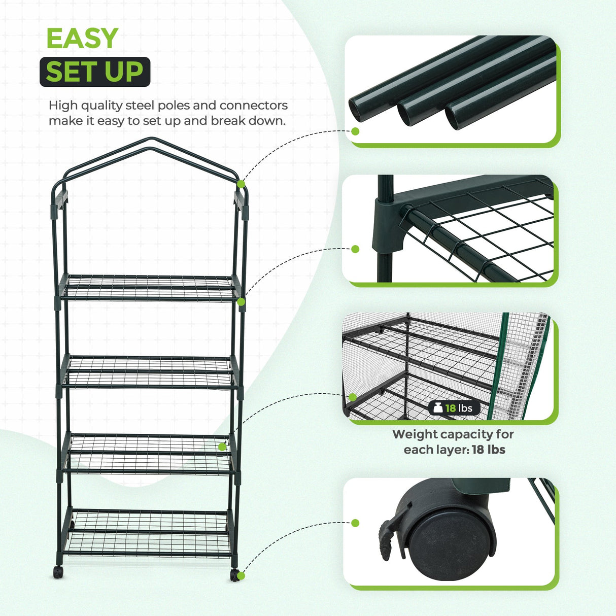 EAGLE PEAK Mini Greenhouse with Wire Shelves,4 Tier, with Wheels - Eagle Peak Canopy and Outdoor Products