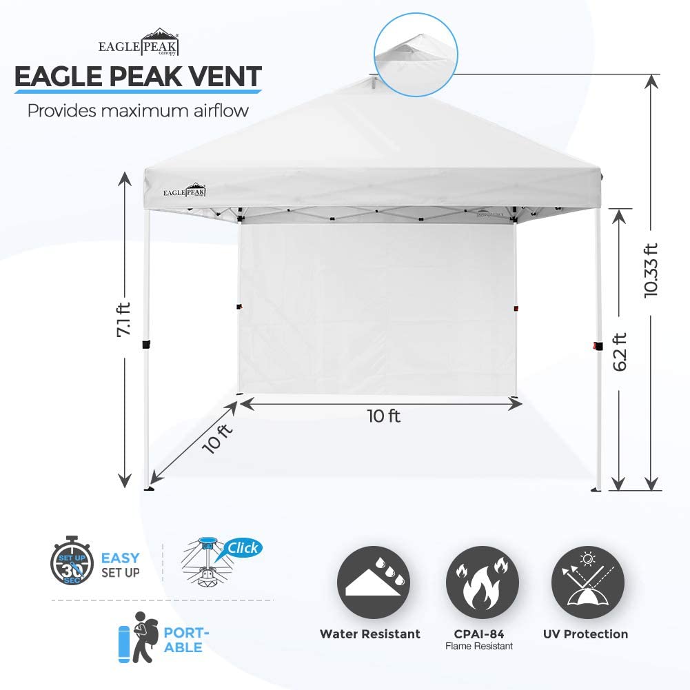 EAGLE PEAK MP100 10x10 Professional Commercial Pop Up Canopy Tent Instant MarketPlace Outdoor Canopy Easy Set - up Folding Shelter w/Zipper Attach Sunwall and 100 Sq Ft of Shade (White) - Eagle Peak Canopy and Outdoor Products