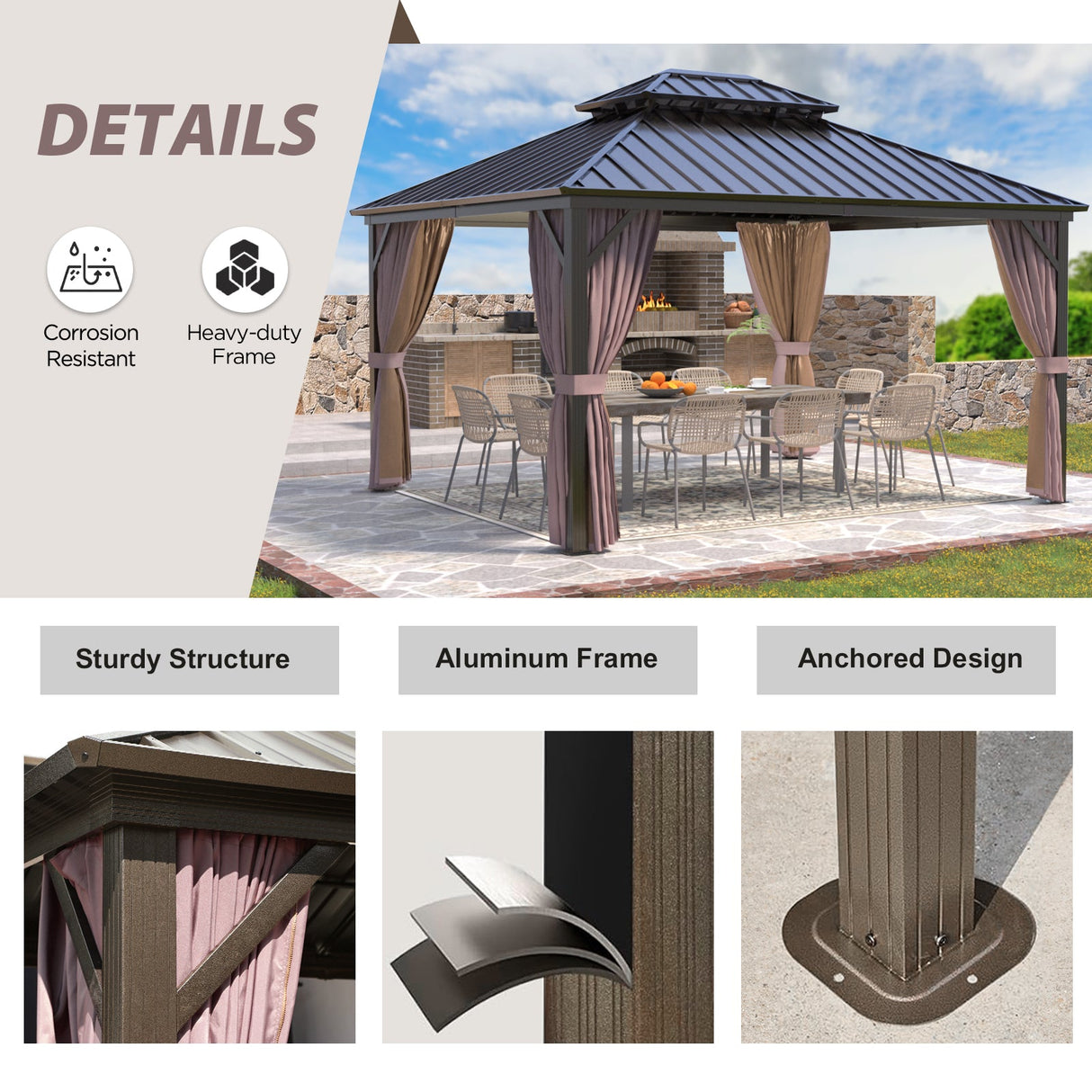 EAGLE PEAK Outdoor Aluminum Frame Galvanized Double Roof Gazebo, Includes Netting and Curtains - Eagle Peak Canopy and Outdoor Products