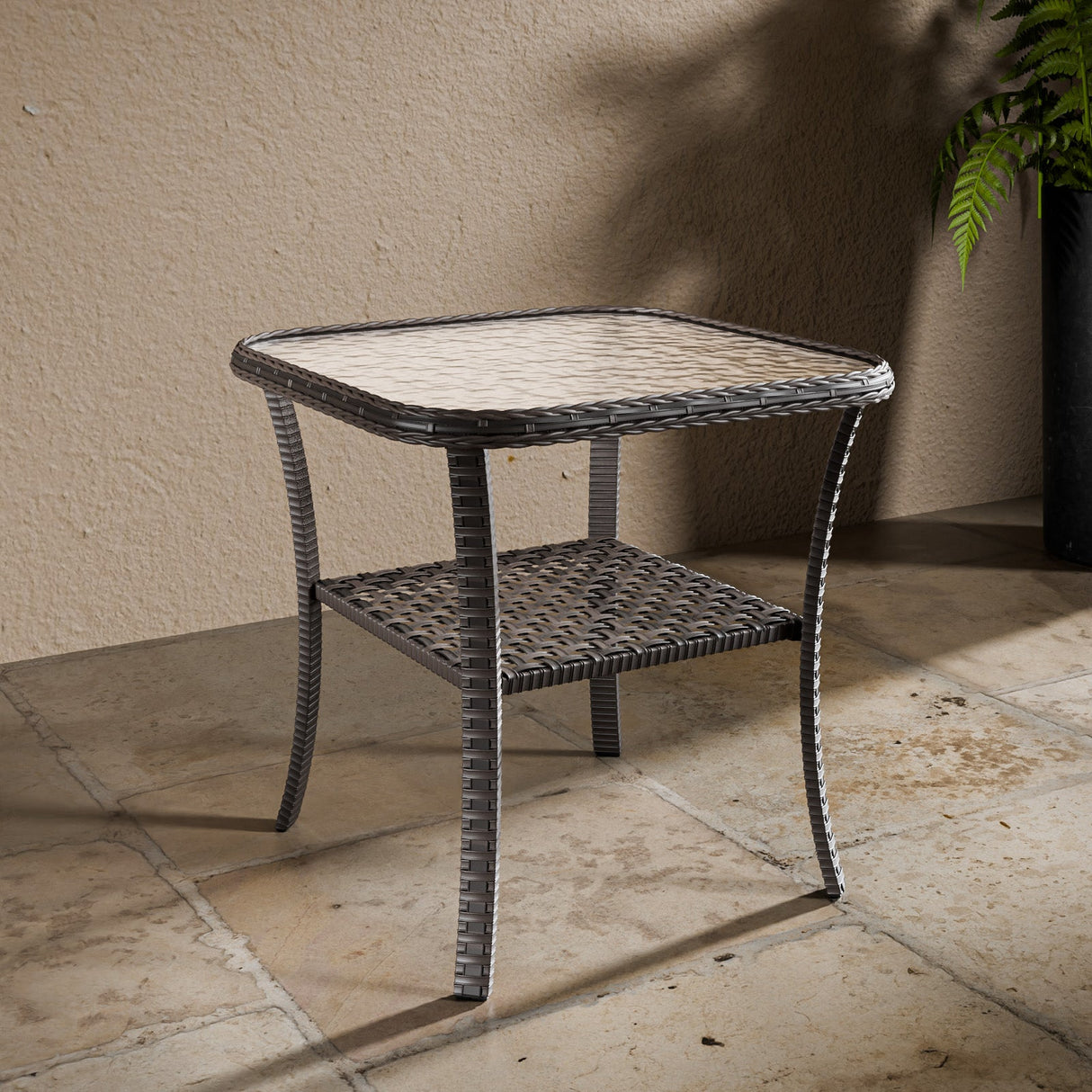 EAGLE PEAK Outdoor Wicker Side Table with Lower Storage, Rattan End Table Coffee Table with Tempered Glass Top, Gray - Eagle Peak Canopy and Outdoor Products