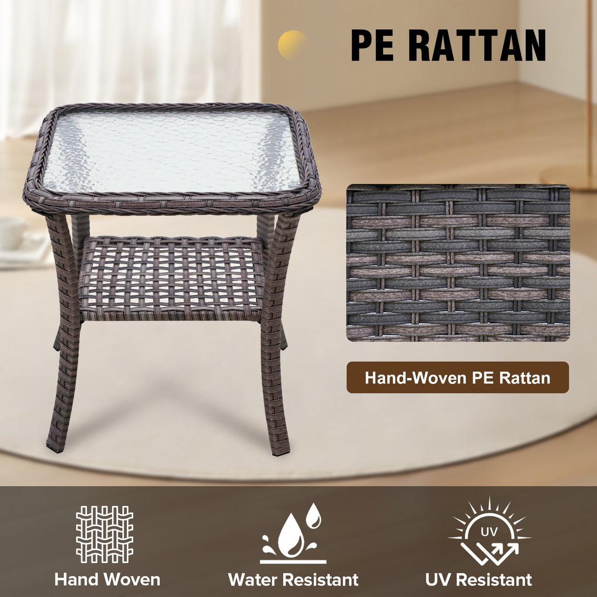 EAGLE PEAK Outdoor Wicker Side Table with Lower Storage, Rattan End Table Coffee Table with Tempered Glass Top, Gray - Eagle Peak Canopy and Outdoor Products