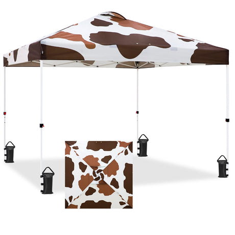 EAGLE PEAK Pop Up Canopy Tent with Wheeled Carry Bag, 8 Stakes, 4 Ropes, 4 Weight Bags, 10x10 ft, 100sqft of Shade, Brown Cow Print - Eagle Peak Custom Canopy & Greenhouse