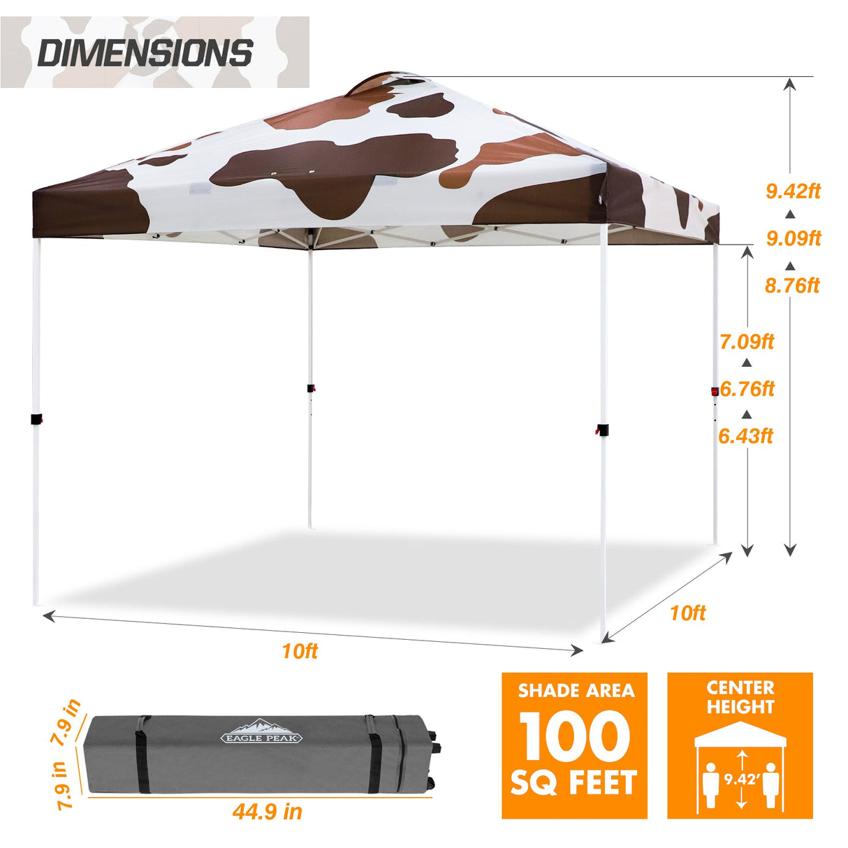 EAGLE PEAK Pop Up Canopy Tent with Wheeled Carry Bag, 8 Stakes, 4 Ropes, 4 Weight Bags, 10x10 ft, 100sqft of Shade, Brown Cow Print - Eagle Peak Custom Canopy & Greenhouse