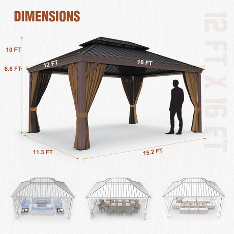 EAGLE PEAK Premium Aluminum Frame Galvanized Double Roof Gazebo, Includes TEXTILENE Netting and Curtains - Eagle Peak Canopy and Outdoor Products