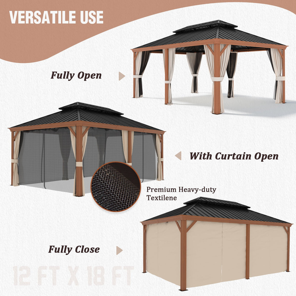 EAGLE PEAK Premium Aluminum Frame Galvanized Double Roof Gazebo, Includes TEXTILENE Netting and Curtains - Eagle Peak Canopy and Outdoor Products